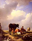 Eugene Verboeckhoven Famous Paintings - A Farmer At Rest With His Stock